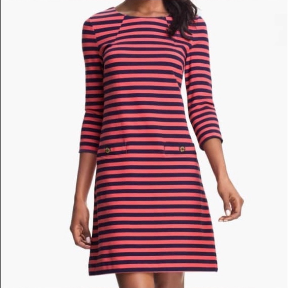 Lilly Pulitzer Charlene' Stripe Knit coral navy Shift Dress Large